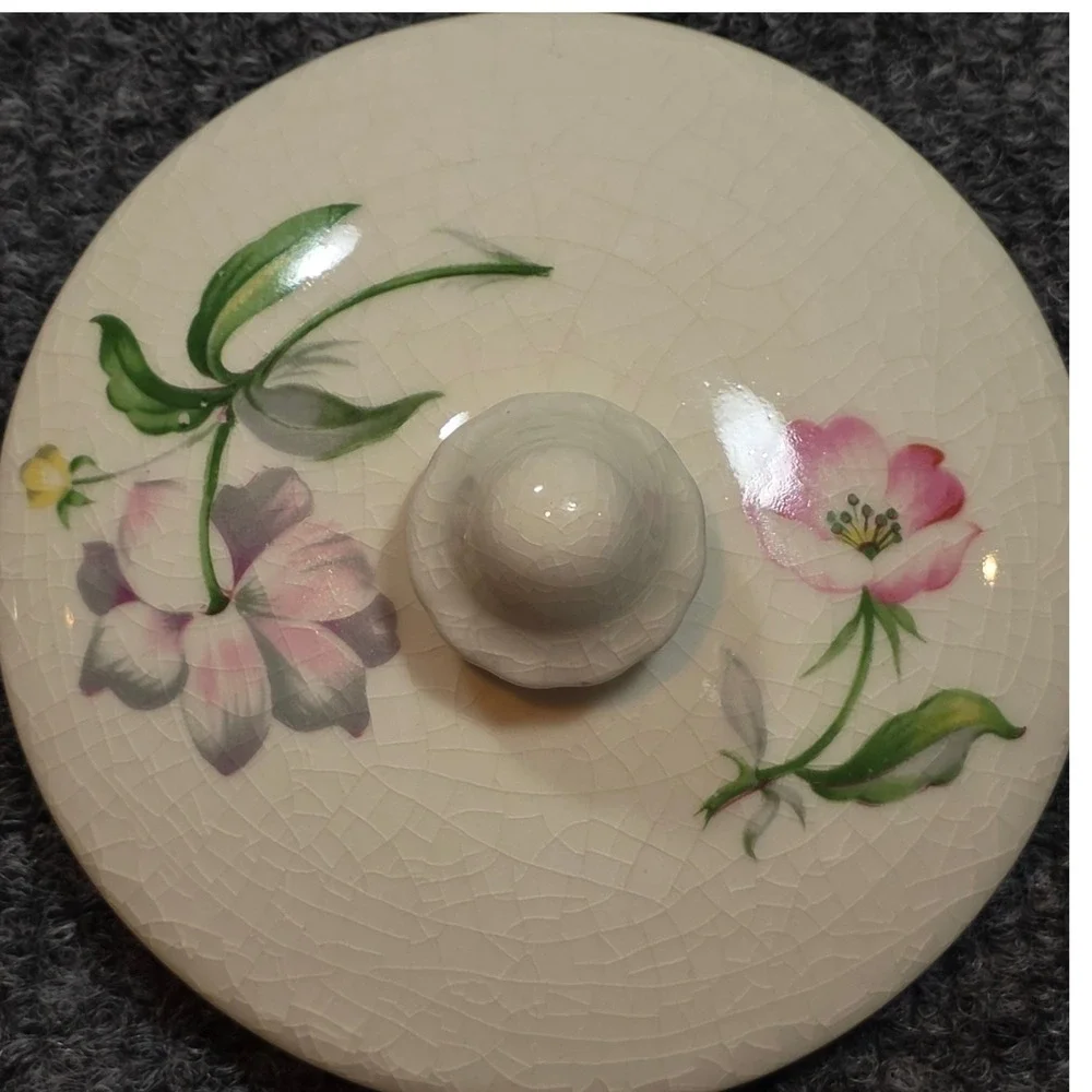 Vintage Floral Ceramic Sugar Bowl Lid Cream Pink Crazed Glaze Pedestal Grandma